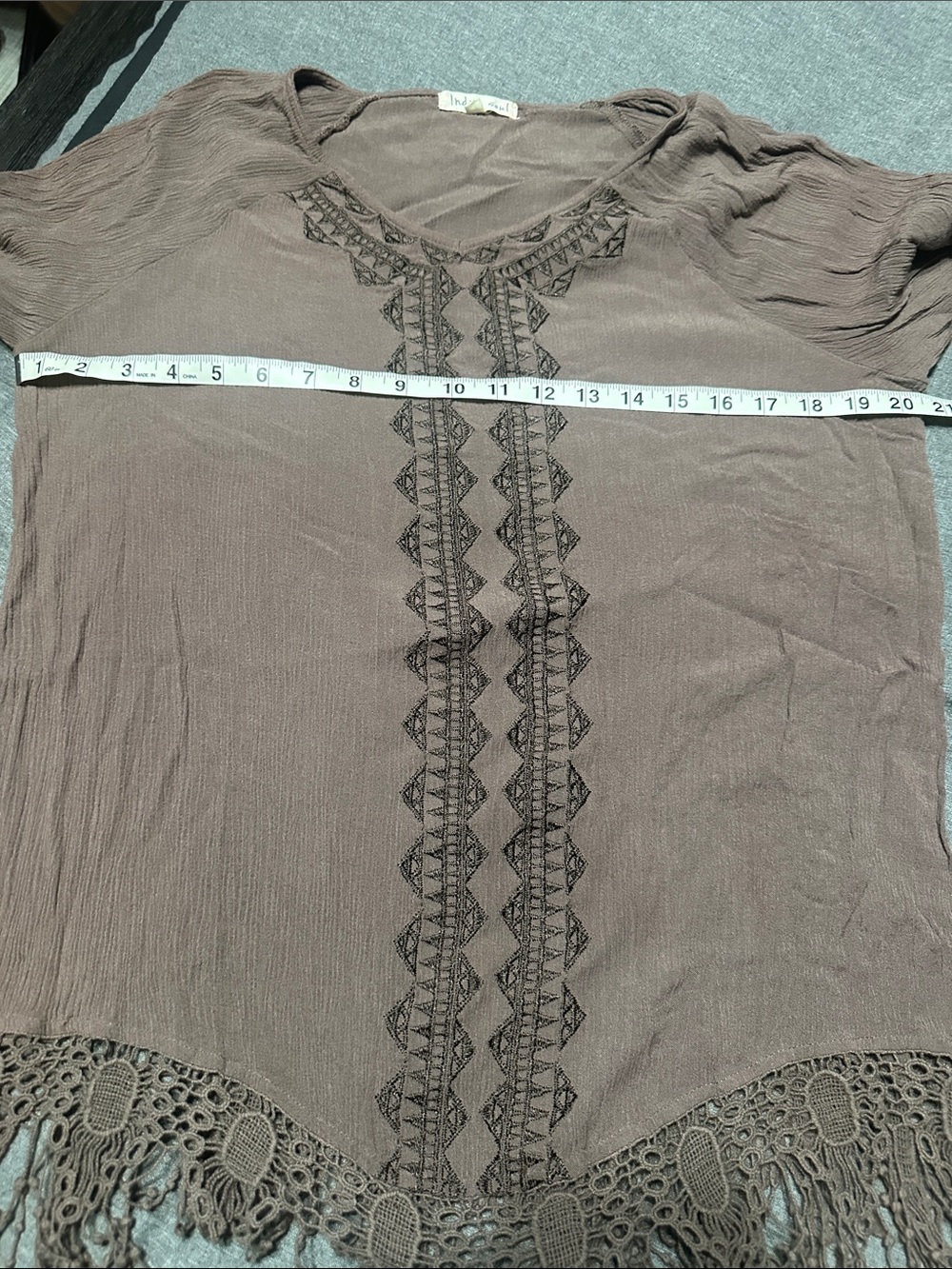 Indigo Soul Women’s Brown Crochet-Trim Fringe Top - Picture 9 of 9